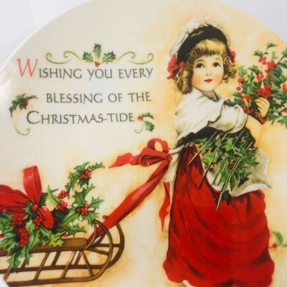 vintage old world christmas plate girl with holly and sleigh 8 inch - Picture 2 of 5